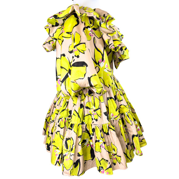 Aje Mini Dress Pelicano Floral‎ Green Chartreuse Tan Balloon Sleeve Ruffle Sz 8 - Picture 9 of 13